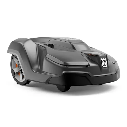 Black robotic lawn mower with gray accents, front view on a white background