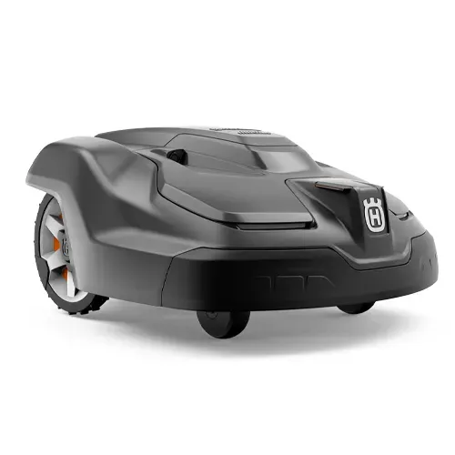 Black robotic lawn mower with orange wheels on a white background
