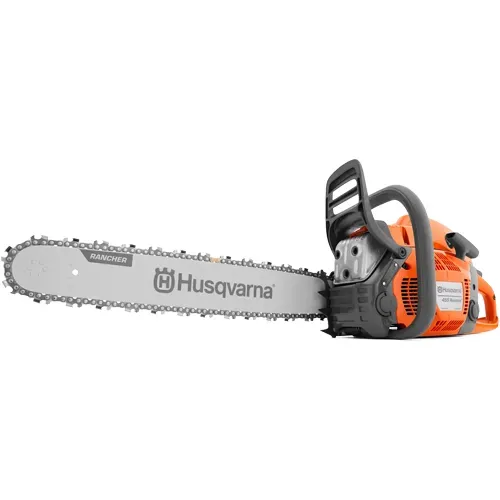 Orange and gray Husqvarna chainsaw with long silver blade on a white background