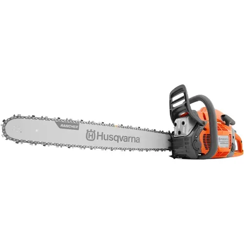 Husqvarna orange and black chainsaw with long silver guide bar on a white background