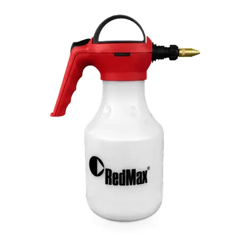 RedMax red-and-white handheld sprayer with black handle and brass nozzle