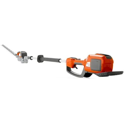 Orange cordless hedge trimmer with extended pole attachment on a white background