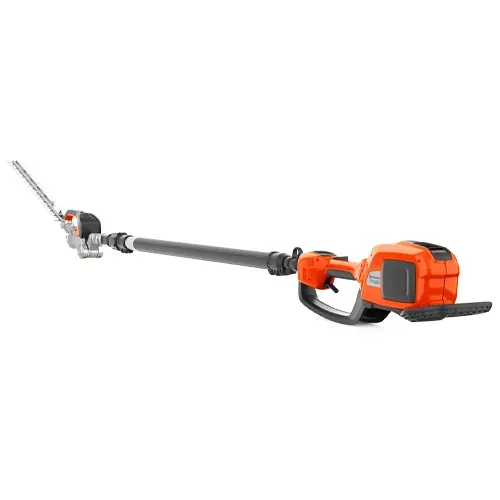 Orange cordless pole saw with extended shaft and black handle on a white background