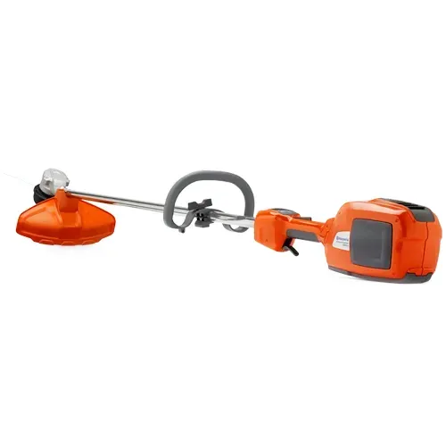 Orange cordless string trimmer with safety guard and cutting head on a white background