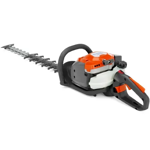 Orange and gray gas-powered hedge trimmer with long cutting blade on white background