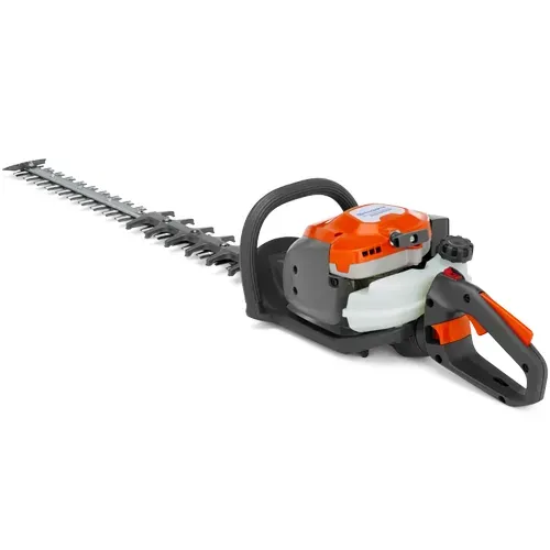 Orange and gray hedge trimmer with long blade on white background