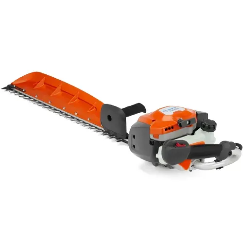 Orange hedge trimmer with long blade and black handle on a white background