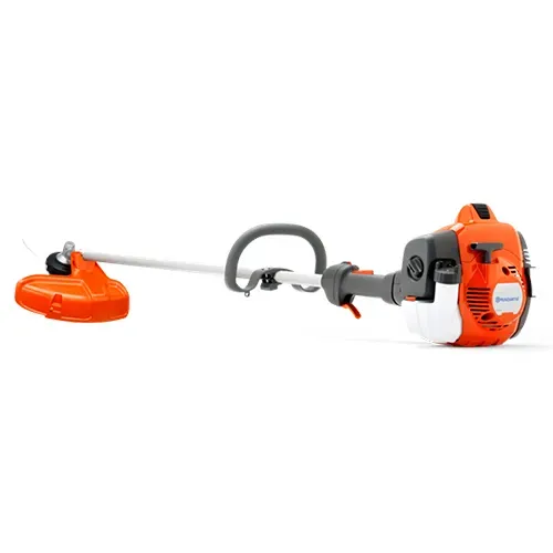 Orange and white string trimmer with black handle and curved shaft on white background