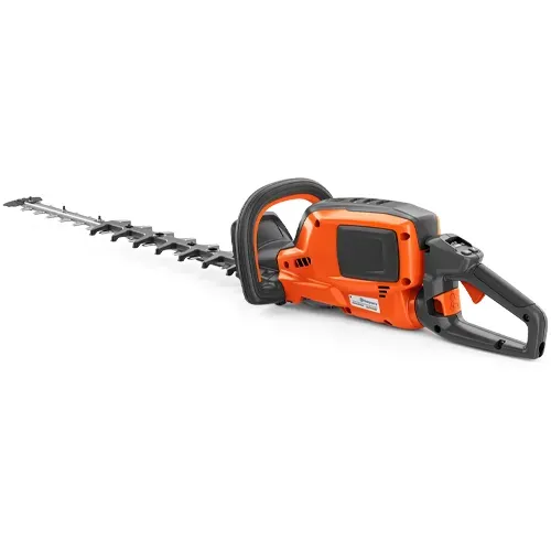 Orange and black cordless hedge trimmer on a white background