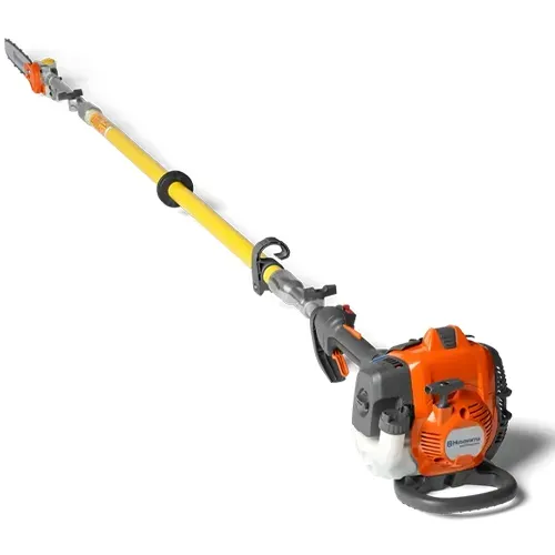 Orange and yellow gas-powered pole saw isolated on white background
