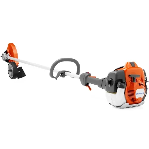 Orange and gray gas-powered string trimmer with a curved handle on a white background