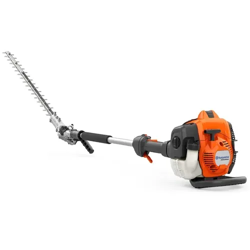 Orange gas-powered hedge trimmer with long extended blade on a white background