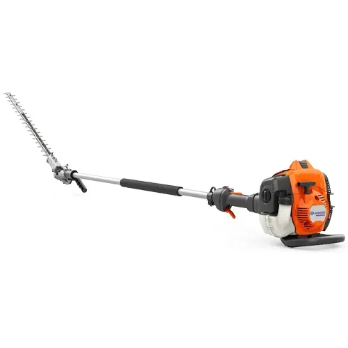 Orange and black gas-powered hedge trimmer with long extended blade on white background