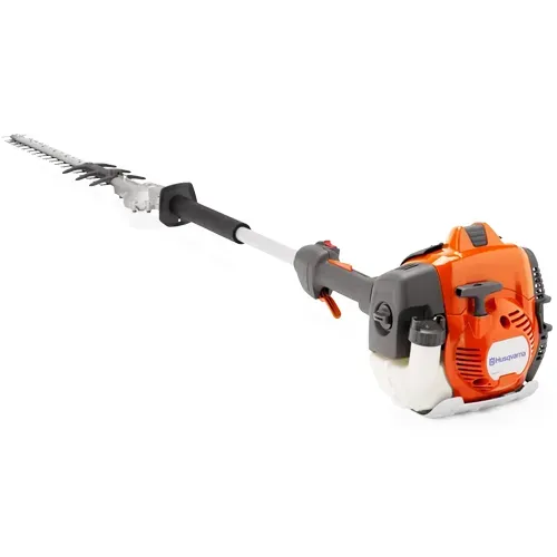 Orange gas-powered hedge trimmer with long pole and blade on a white background