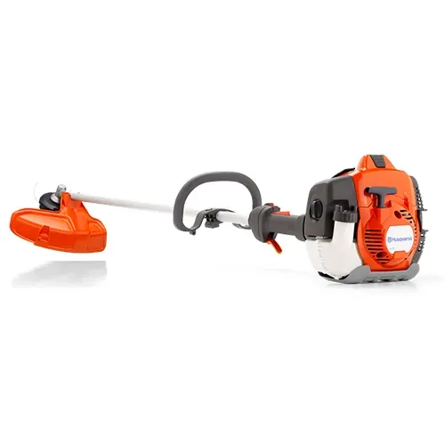 Orange and gray gas-powered string trimmer with cutting head and curved handlebar on white background