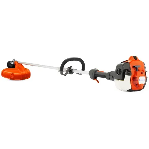 Orange gas-powered string trimmer with long shaft and black handle isolated on white background