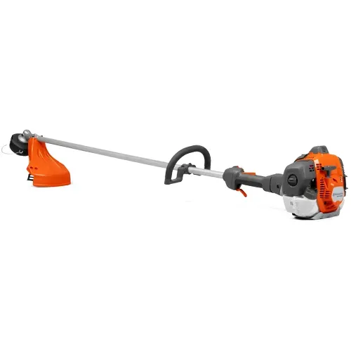 Gas-powered string trimmer with orange motor and guard on a white background