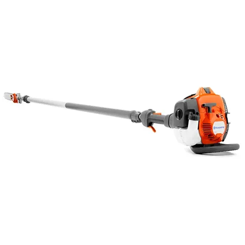 Orange and gray gas-powered pole saw with long telescoping shaft on white background