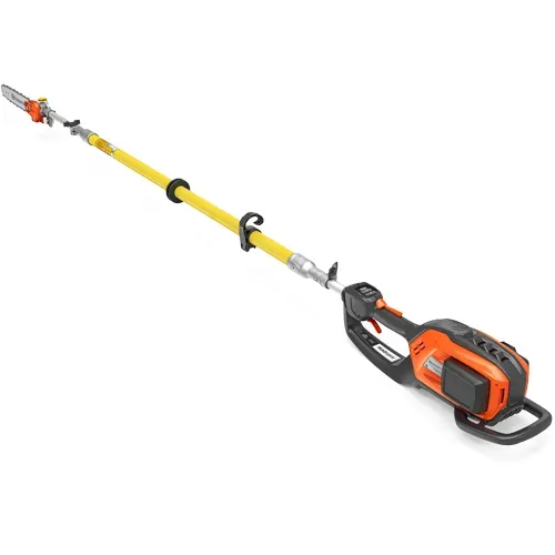 Orange and yellow electric pole saw with telescoping shaft and black handle on white background