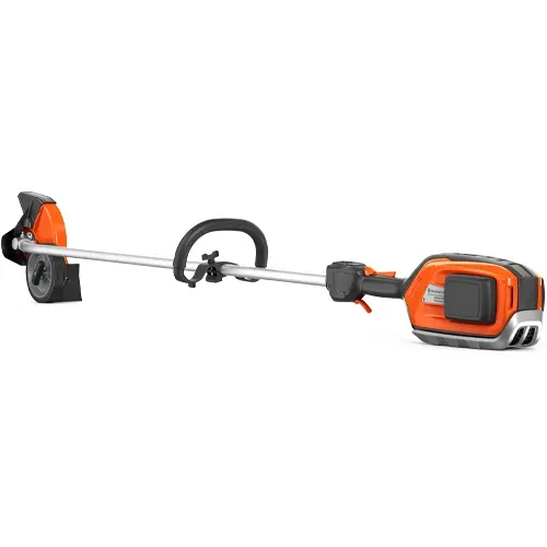 Orange-and-black string trimmer with curved shaft and guard on white background