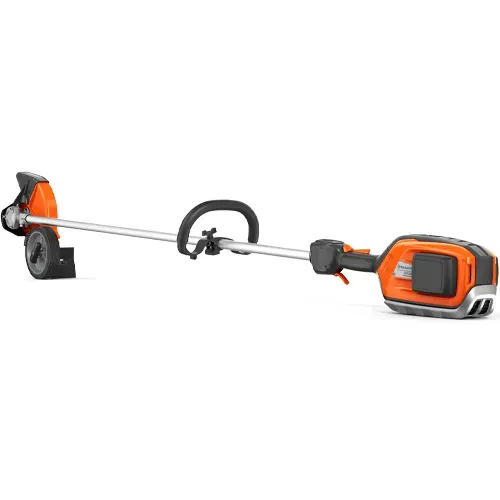 Orange and black string trimmer with shoulder strap, shown on white background