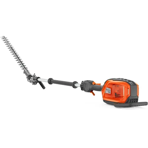 Orange pole hedge trimmer with extendable shaft and long cutting blade on white background