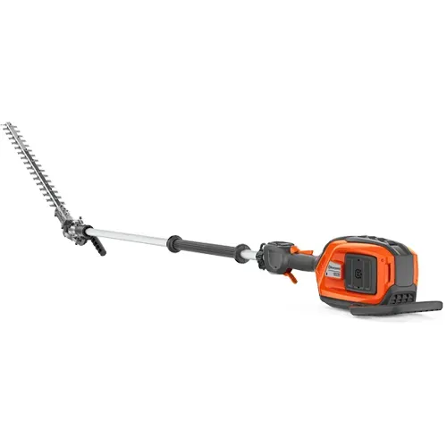 Orange cordless hedge trimmer with extended pole and long blade on a white background