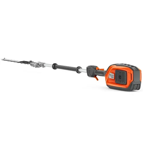 Orange cordless pole hedge trimmer with extended reach and long cutting blade