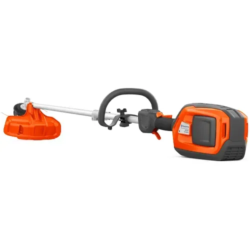 Orange and gray string trimmer with battery pack on a white background