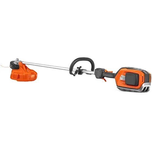 Orange and gray cordless string trimmer with handle on a white background