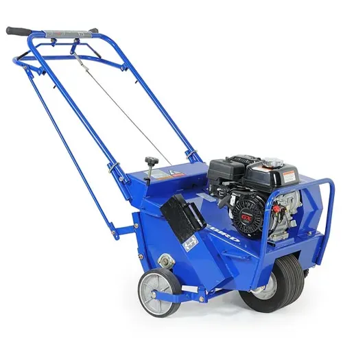 Blue gas-powered floor machine with handle, engine, and large wheels on a white background