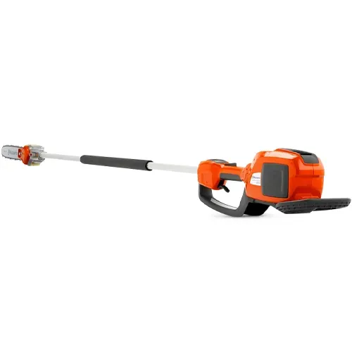 Orange cordless pole saw with extended black shaft on a white background