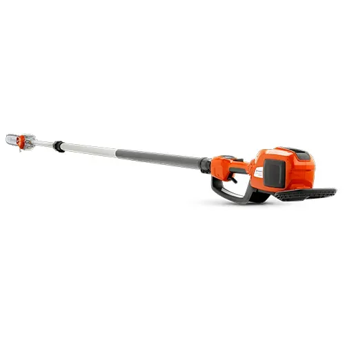 Orange and gray electric pole saw with long extension pole on a white background