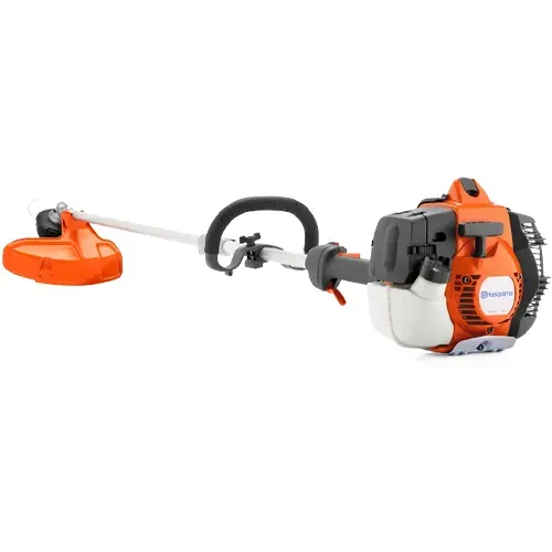 Orange and white string trimmer with curved shaft and black handle on a white background