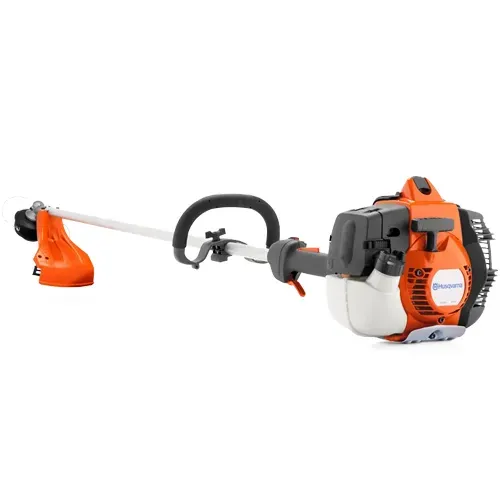 Orange-and-gray gas-powered string trimmer on a white background