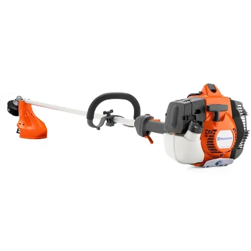 Orange-and-gray gas string trimmer with loop handle on a white background