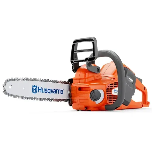 Orange Husqvarna chainsaw with silver bar and black handle on a white background