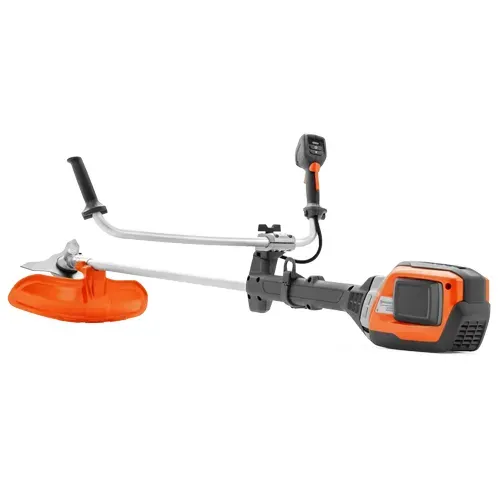 Orange and black cordless string trimmer with shoulder strap on a white background