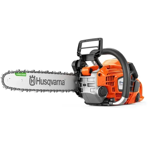 Husqvarna orange and gray chainsaw with black handle and silver blade on a white background