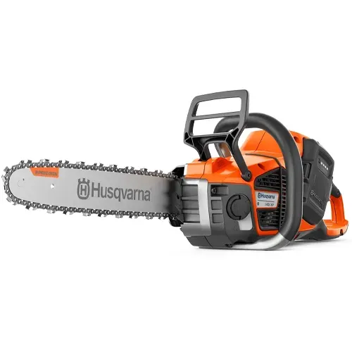 Orange and gray Husqvarna chainsaw on a white background