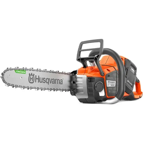 Orange and gray Husqvarna chainsaw with silver blade on a white background