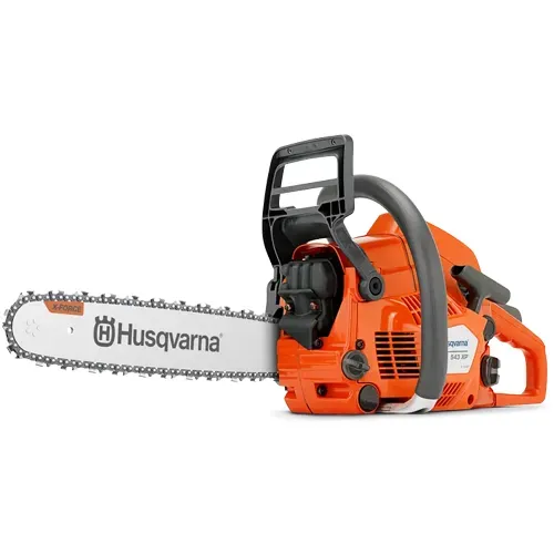 Orange Husqvarna chainsaw with silver blade on a white background