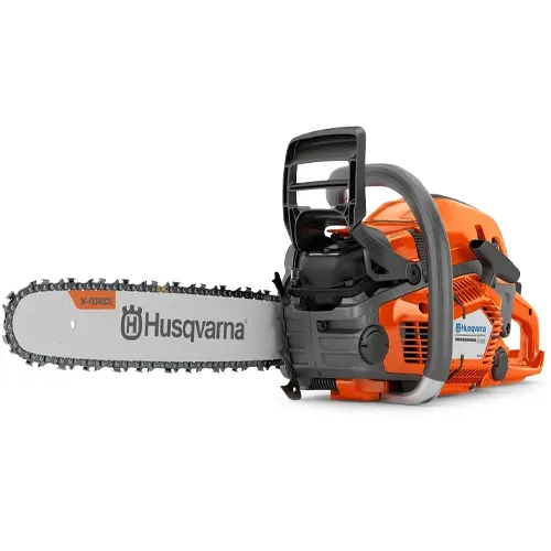 Orange Husqvarna chainsaw with black handle and long silver blade on a white background