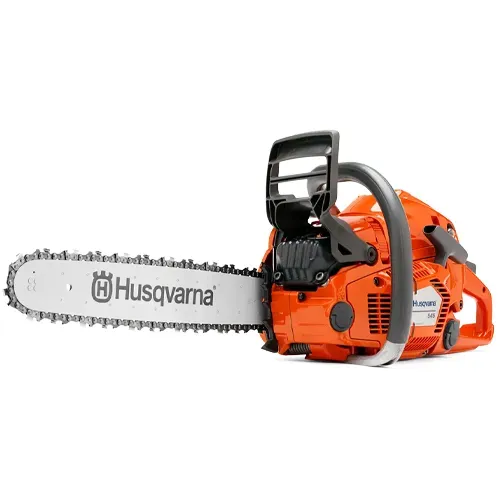 Orange Husqvarna chainsaw with silver blade and black handle on a white background