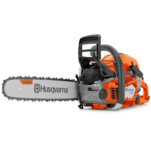Orange Husqvarna chainsaw with silver blade on a white background