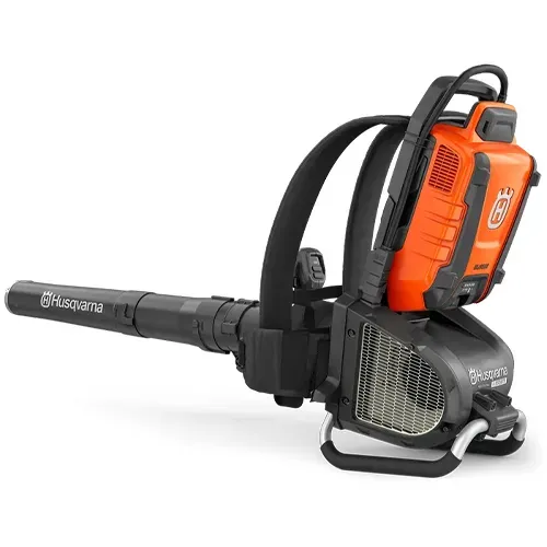 Orange and black backpack leaf blower on a white background