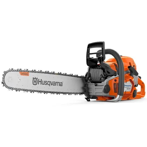 Orange Husqvarna chainsaw with long silver blade on a white background