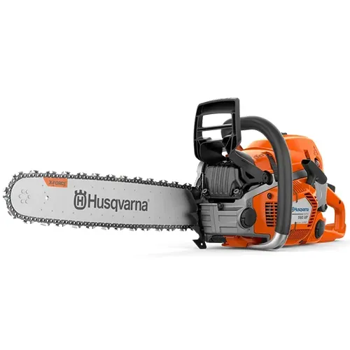 Orange Husqvarna chainsaw with silver bar and chain on a white background