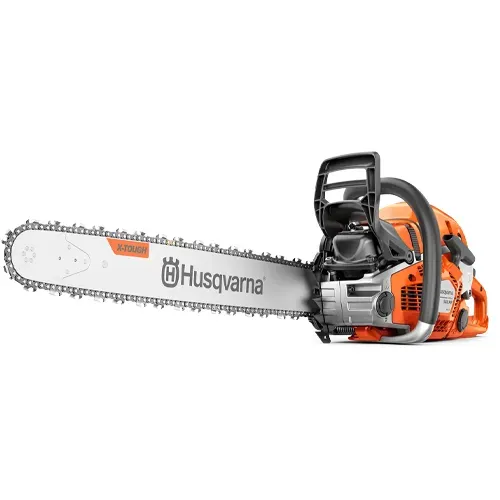 Orange and silver Husqvarna chainsaw on a white background