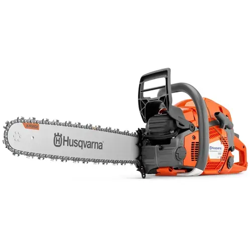Orange Husqvarna chainsaw with silver blade on white background